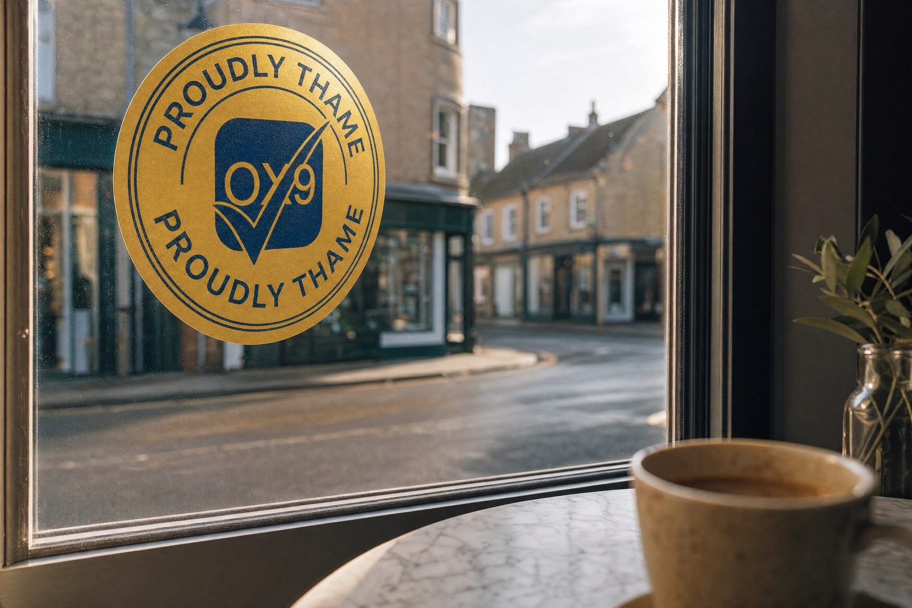 The gold Proudly Thame mark on a caf&eacute; window